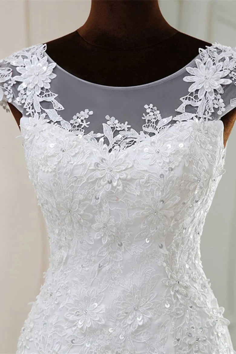 Elegant White Beaded Embroidered Cap Sleeve Trumpet Wedding Dress
