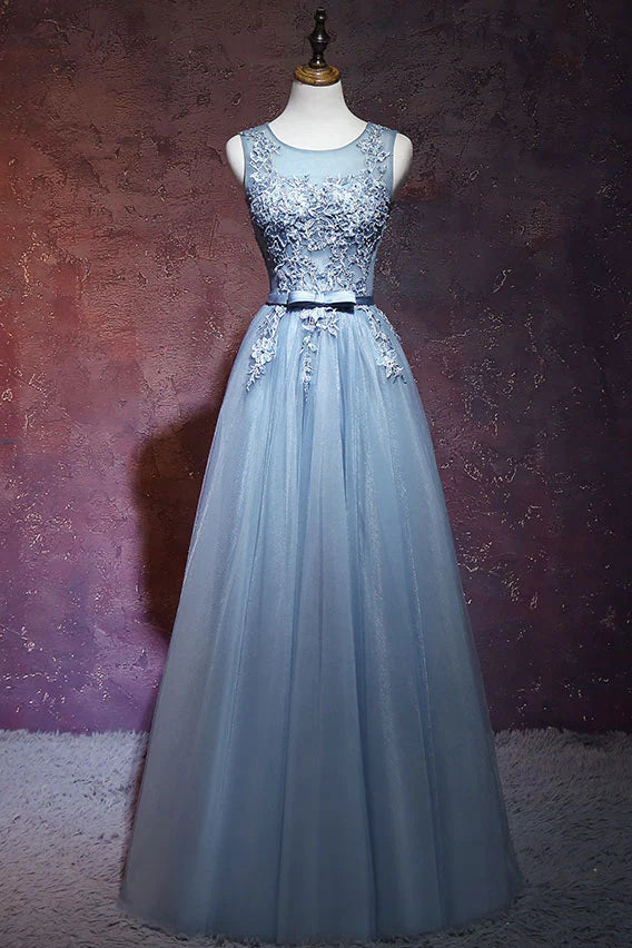 Gray blue tulle lace long prom dress blue tulle evening dress