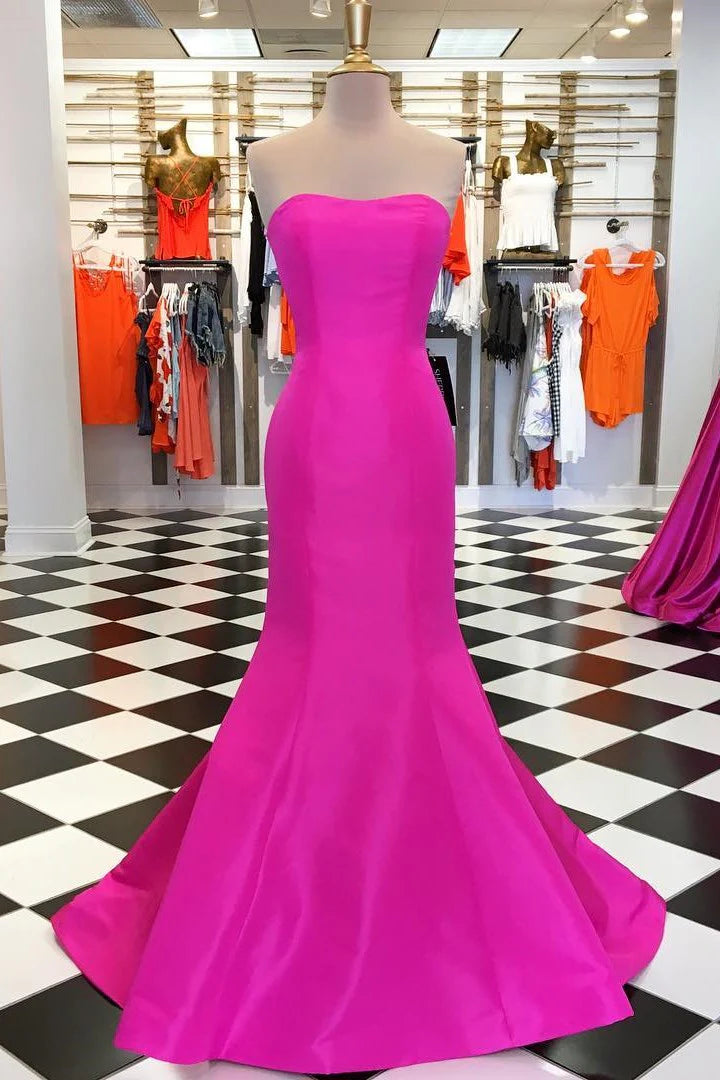 Neon Pink Strapless Satin Trumpet Long Formal Dress