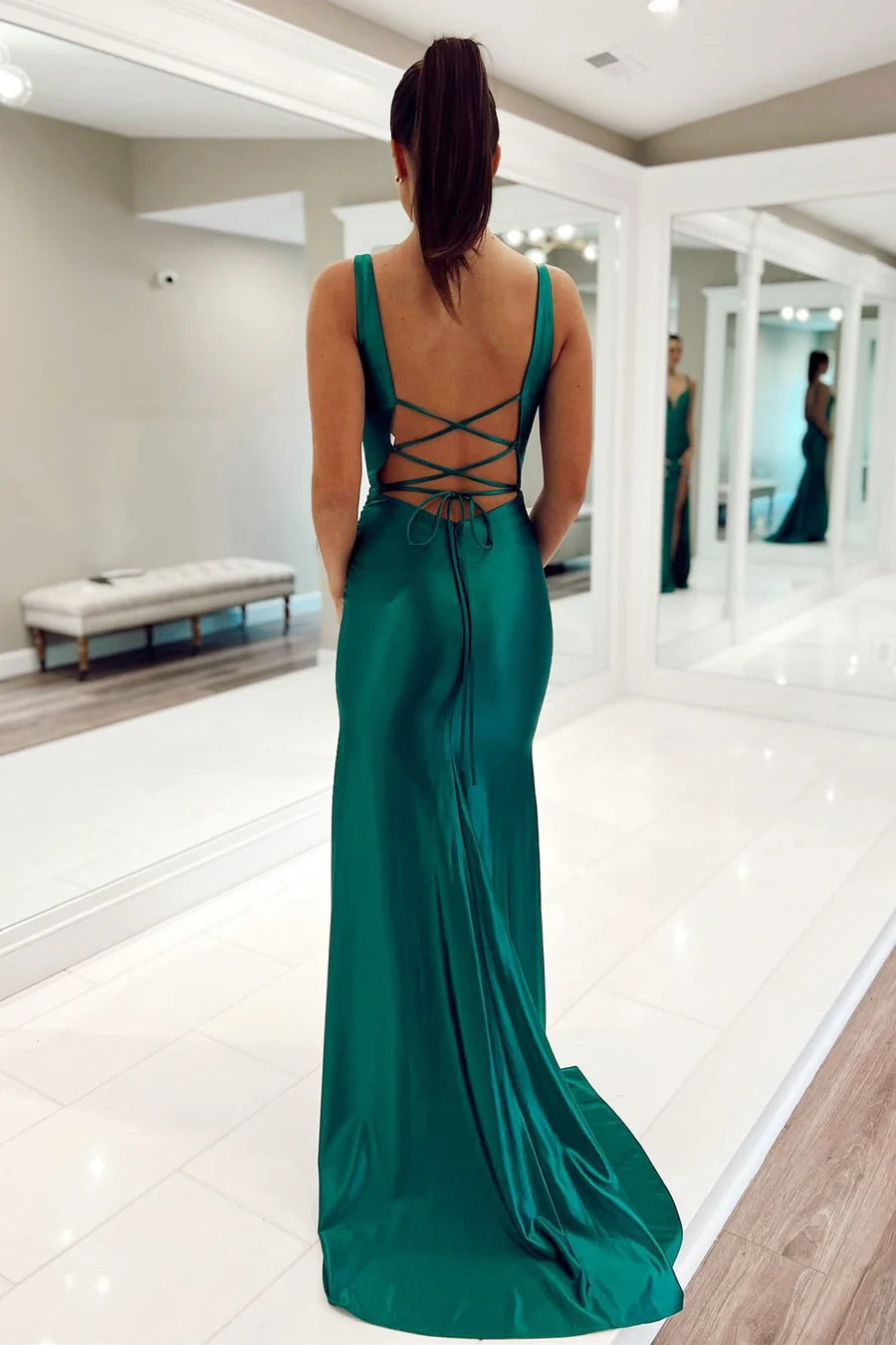 Plunge V Lace-Up Mermaid Long Formal Dress