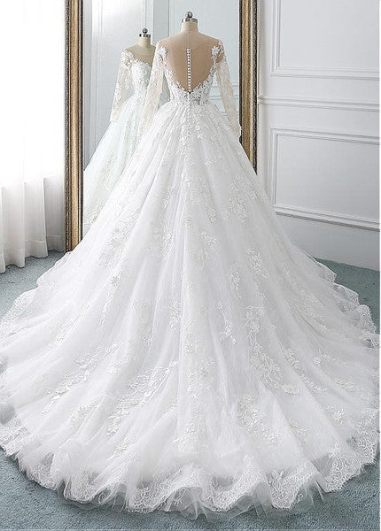 A Line Wedding Dresses Long Sleeves With Applique Tulle Covered Button Sweep Train