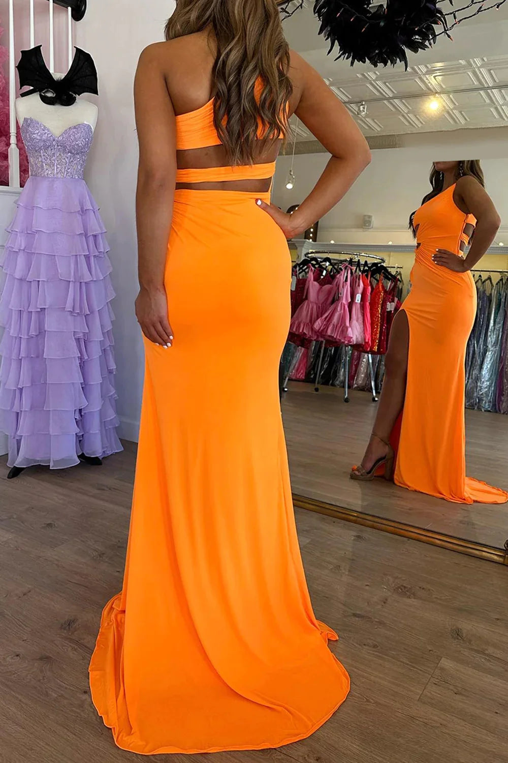 Orange Mermaid One Shoulder Long Prom Dress With Slit