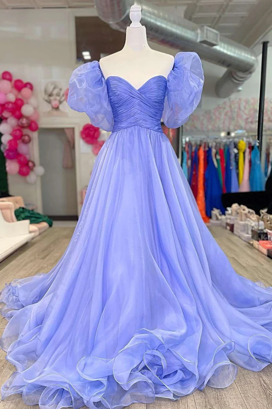 Strapless A-Line Prom Dress with Puff Sleeves