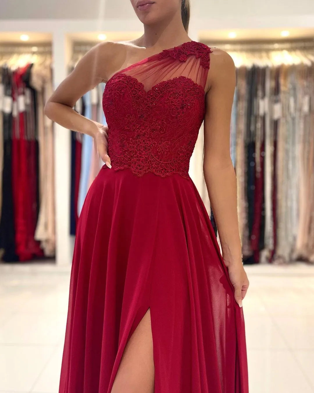 Long One Shoulder Appliques Lace Chiffon Ruffles Split A-Line Prom Dress