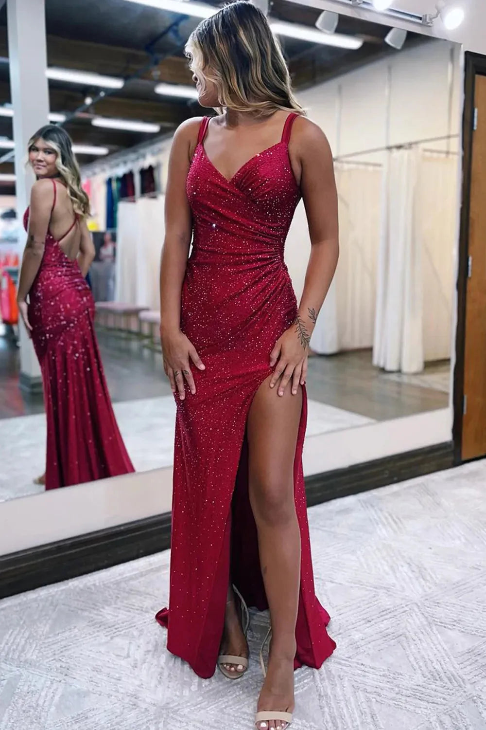 Dark Red One Shoulder Sheath Long Prom Dress with Slit