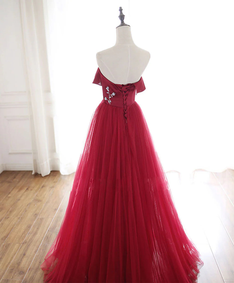 Tulle Long Prom Dress Aline Burgundy Formal Party Dress