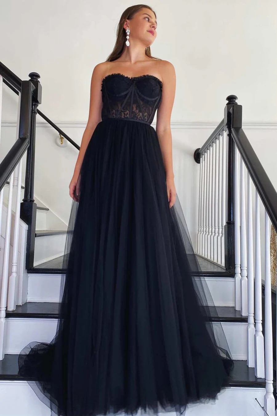 Tulle Strapless A-Line Long Prom Dress