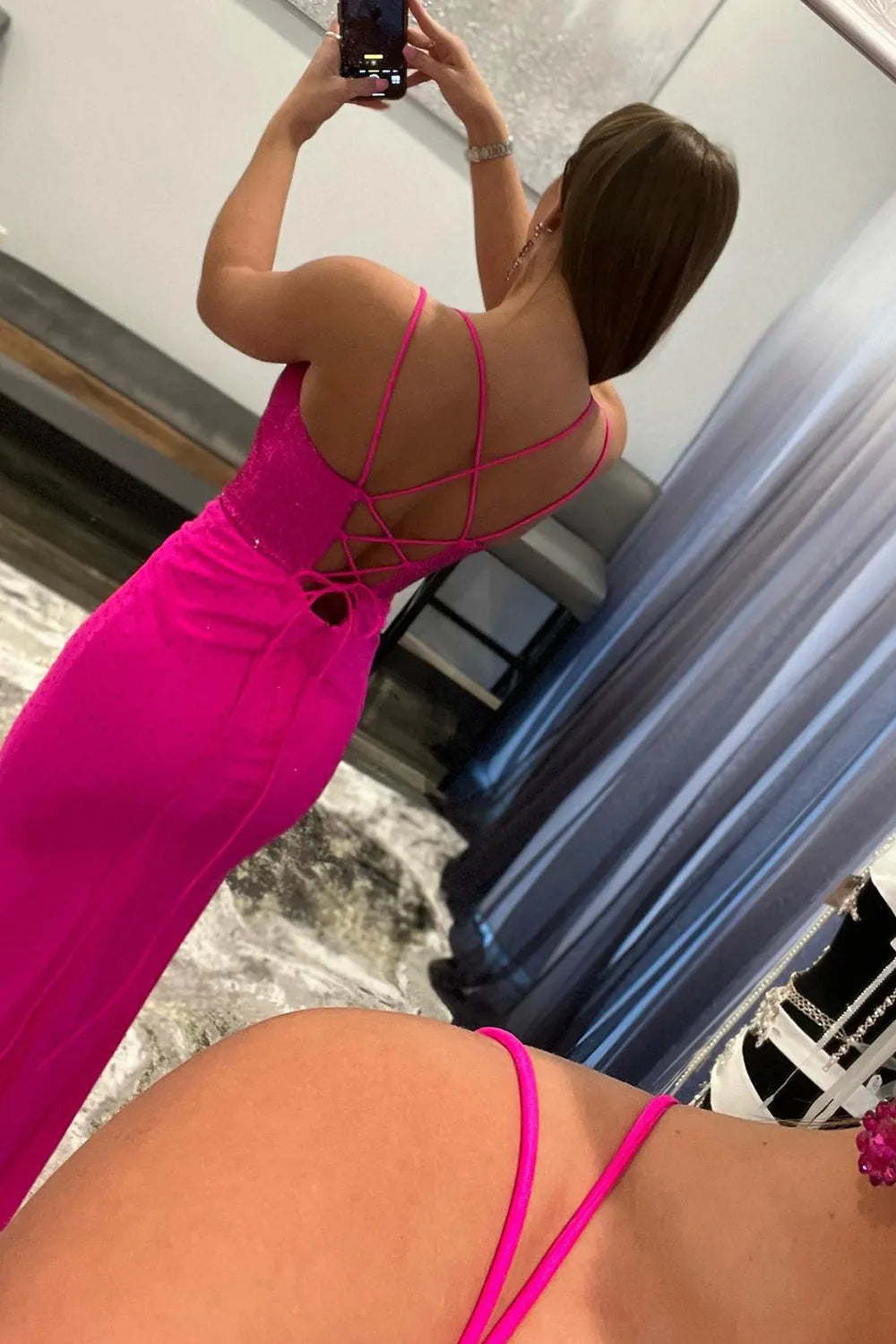 Spaghetti Strap Hot Pink Spaghetti Straps Prom Dress
