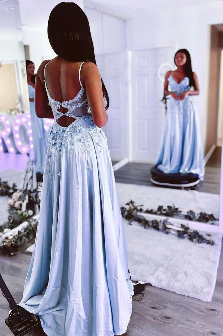 V-Neck Backless A-Line Prom Dress with 3D Flowers