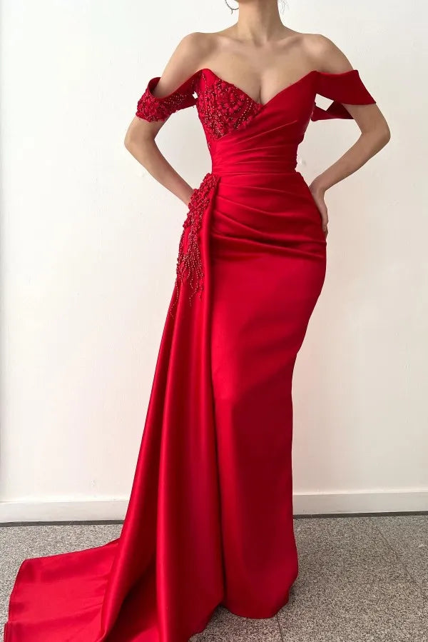 Red Long Mermaid Off the Shoulder Satin Lace Evening Prom Dresses