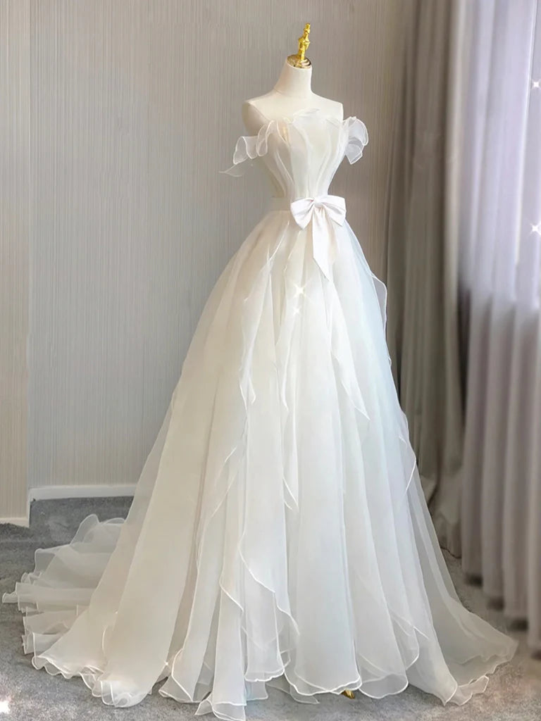 A-Line Organza White Long Prom Dress White Long Formal Dress