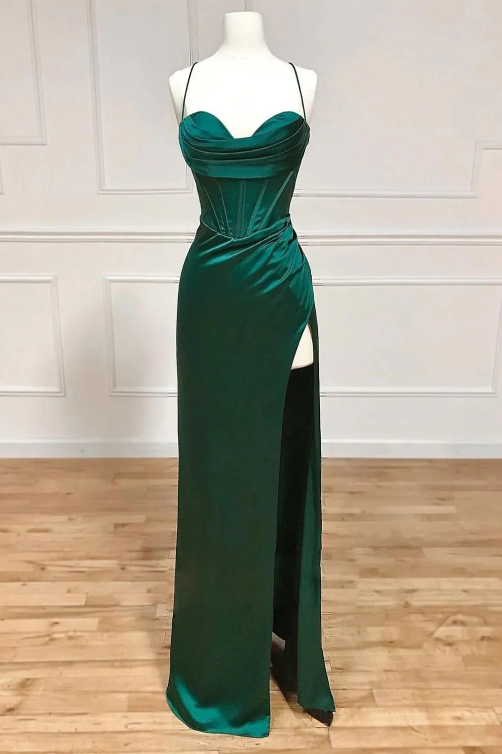 Spaghetti Straps Dark Green Corset Prom Dress with Split Front