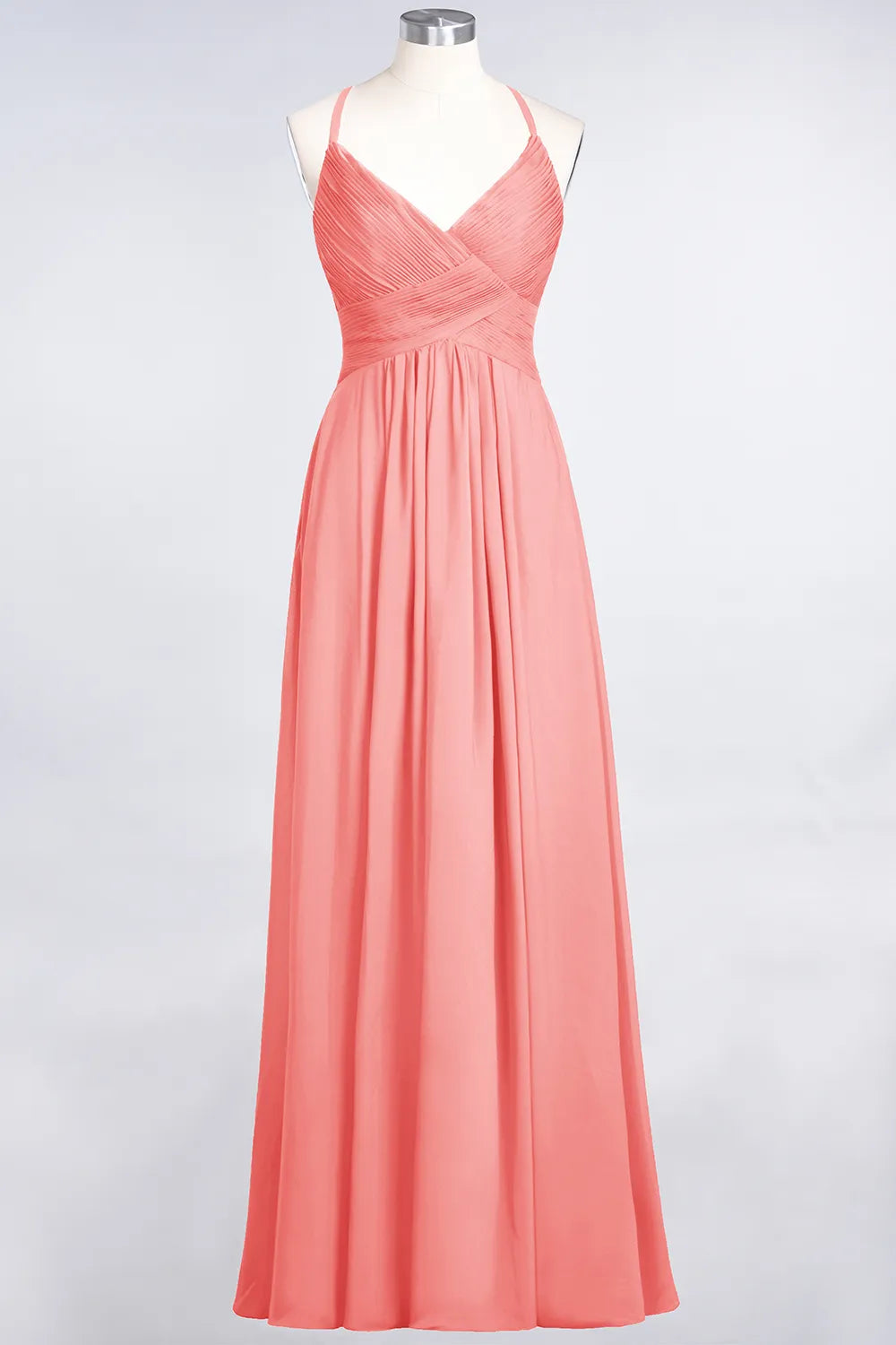 A-Line Spaghetti Straps V-Neck Sleeveless Backless Bridesmaid Dress with Ruffles