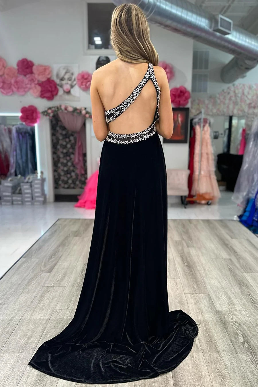 Velvet One-Shoulder Beaded Long Formal Dress