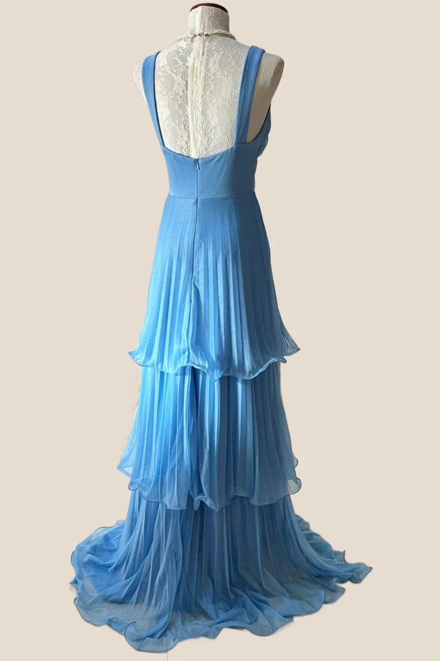 Blue Pleated Chiffon Tiered Long Prom Dress