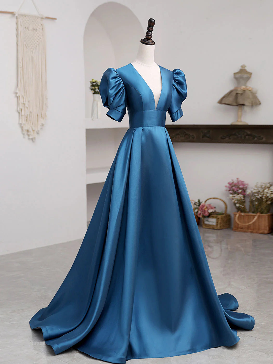 V Neck Satin Long Prom Dresses Blue Satin Long Evening Dress