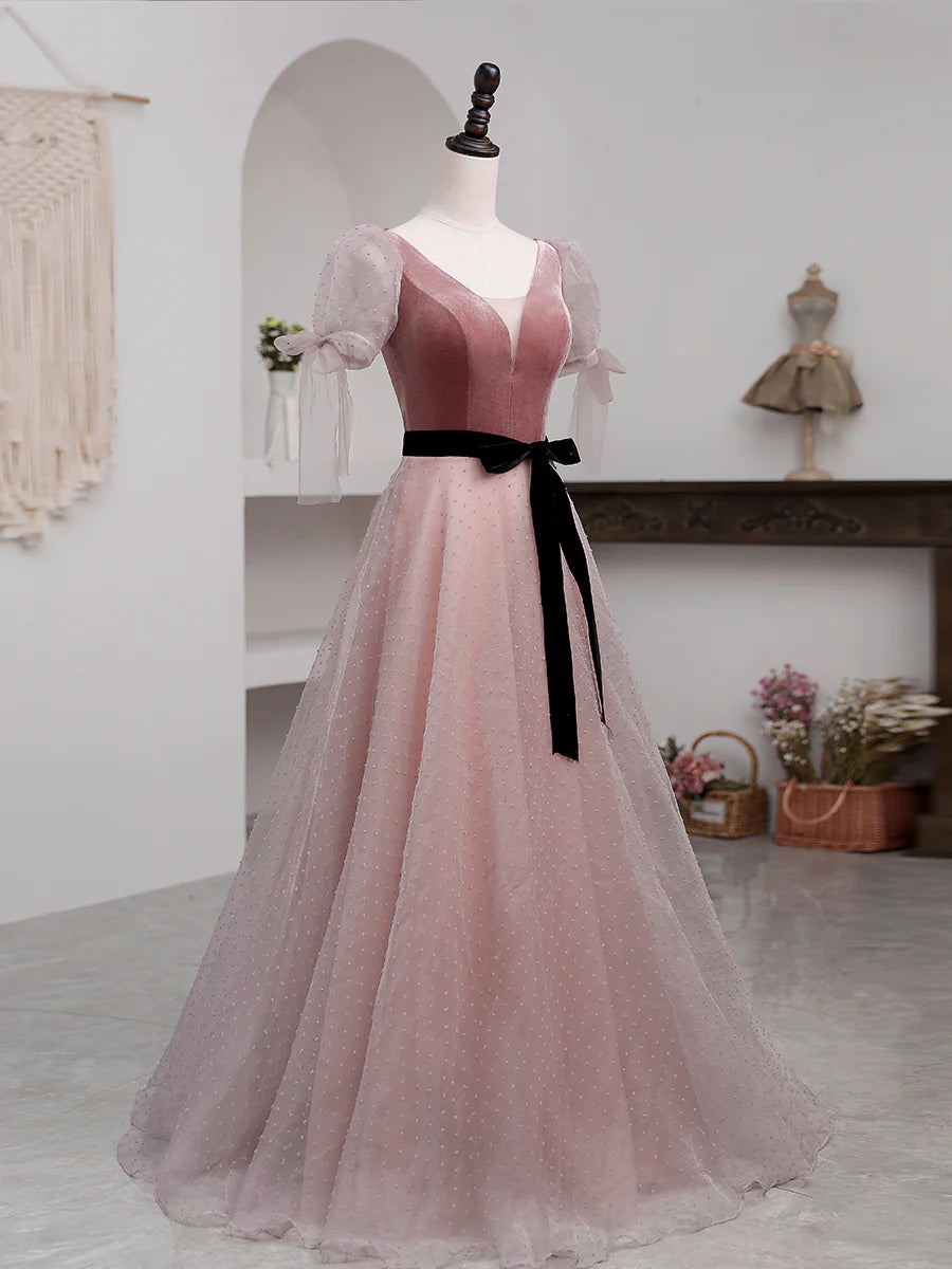 A-Line Pink Tulle Velvet Long Prom Dress Pink Formal Dresses