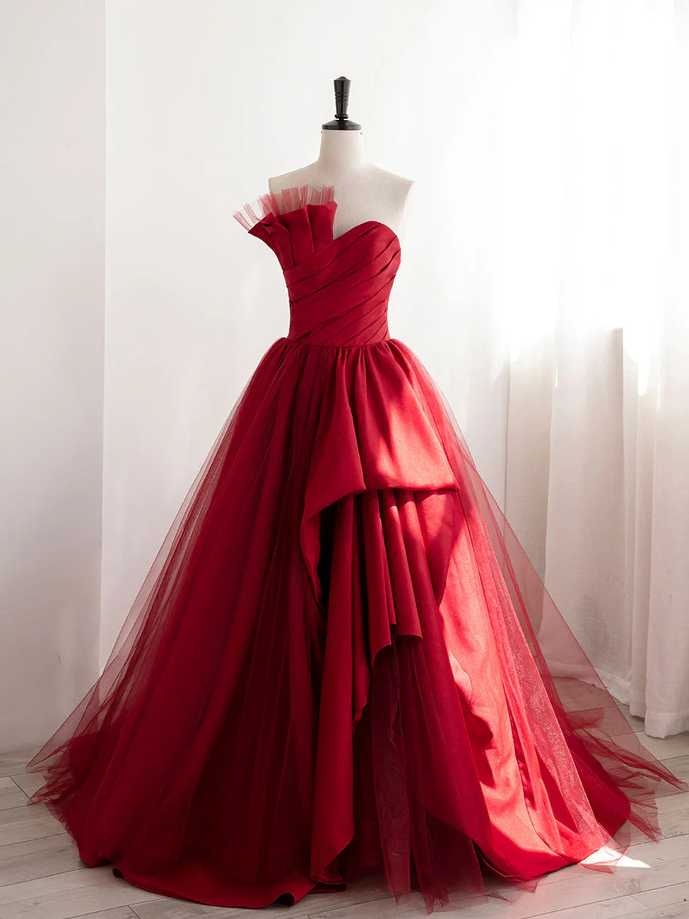 Satin Tulle Long Prom Dresses Burgundy Formal Evening Dresses