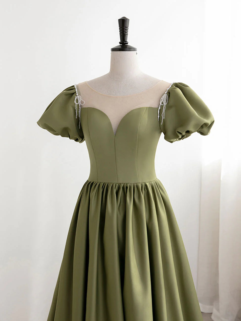 Puff Sleeves Satin Long Prom Dress Green Long Formal Dresses
