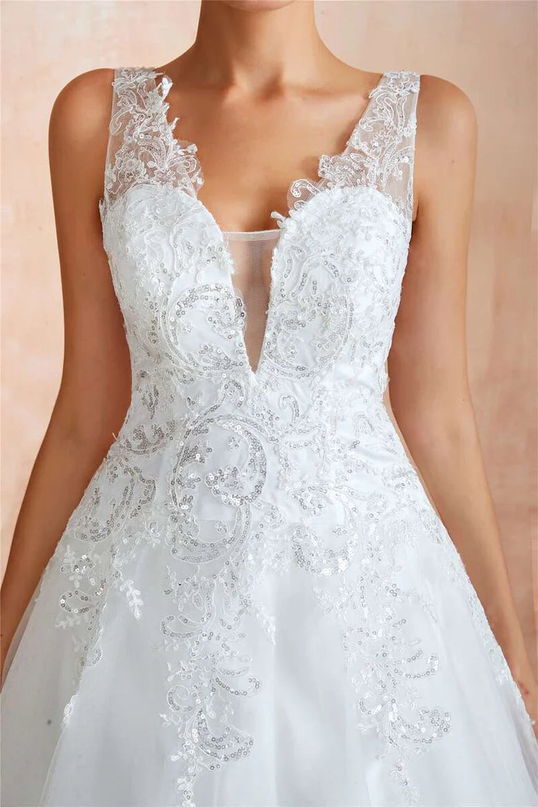 Lace A-Line V-Neck Wedding Dress with Sheer Back