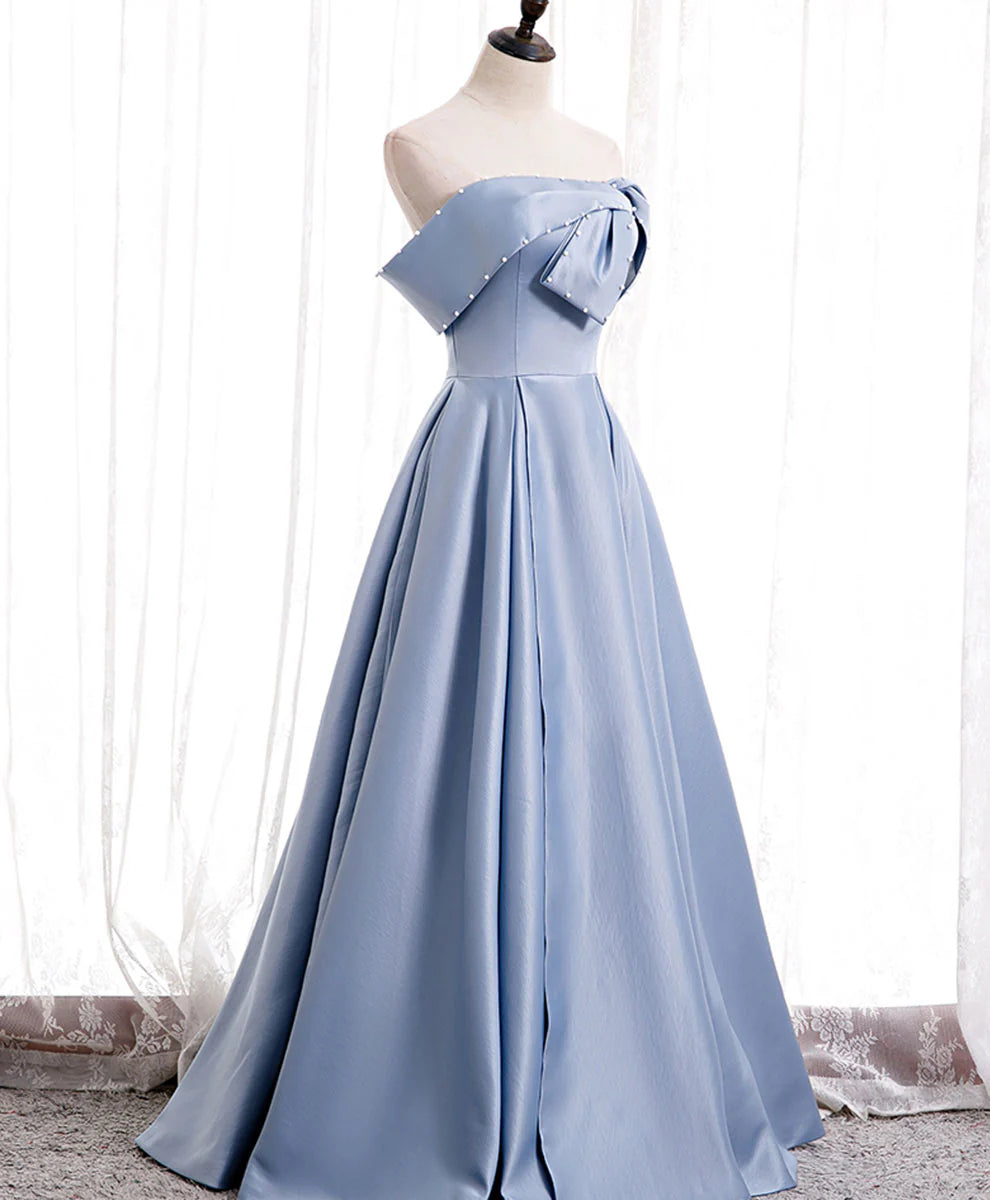 Off Shoulder Satin Long Prom Dress Blue Bridesmaid Dress