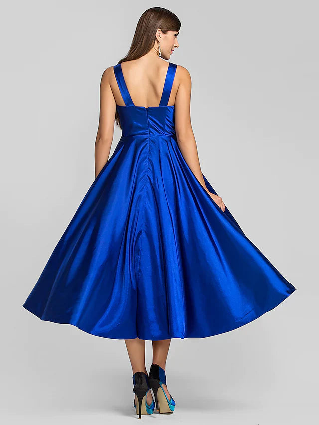 DingjiA-Line Minimalist Elegant Cocktail Party Wedding Party Dress Square Neck Sleeveless Tea Length Stretch Satin with Criss Cross