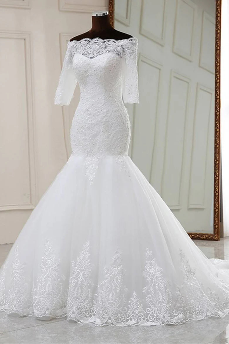 Lace Off-the-Shoulder Half Sleeve Trumpet Wedding Dress
