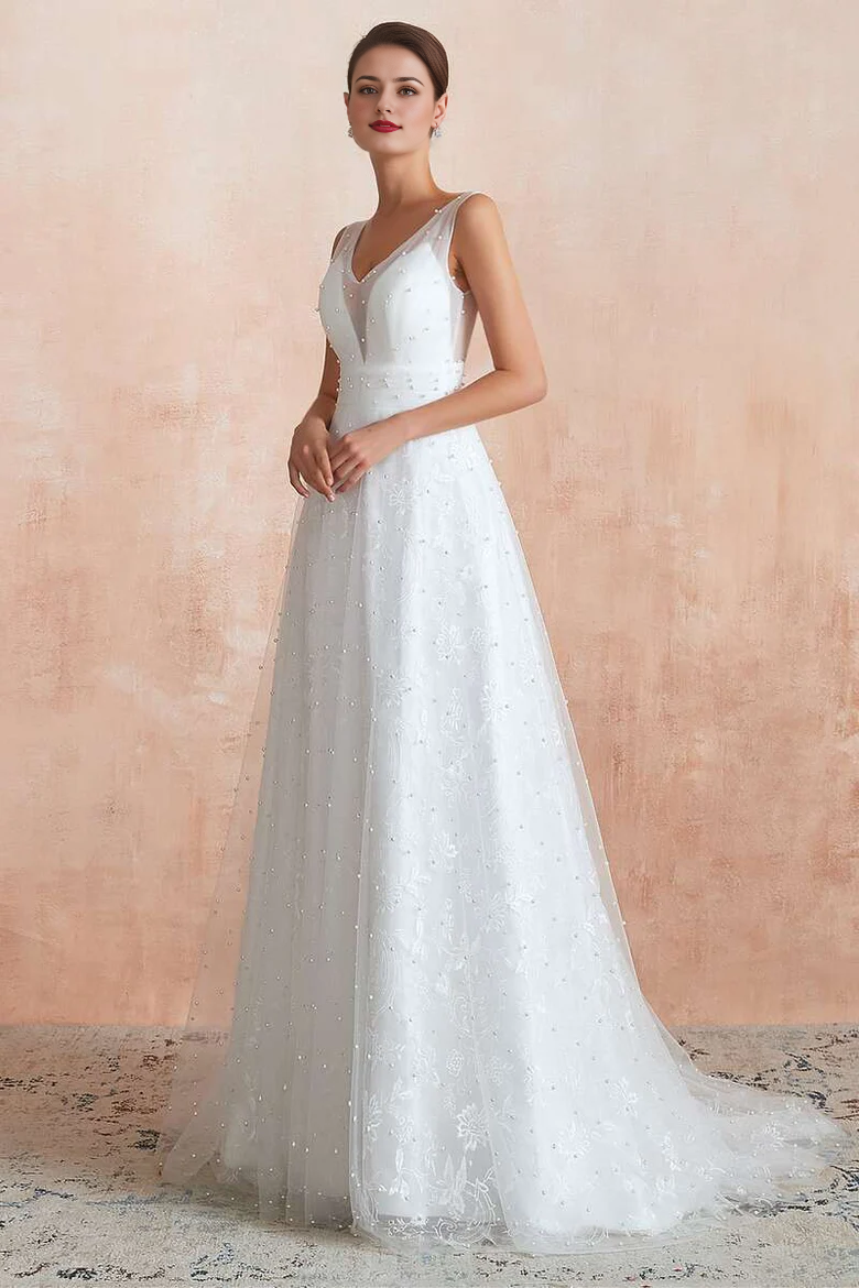 Pearls V-Neck Backless A-Line Wedding Dress