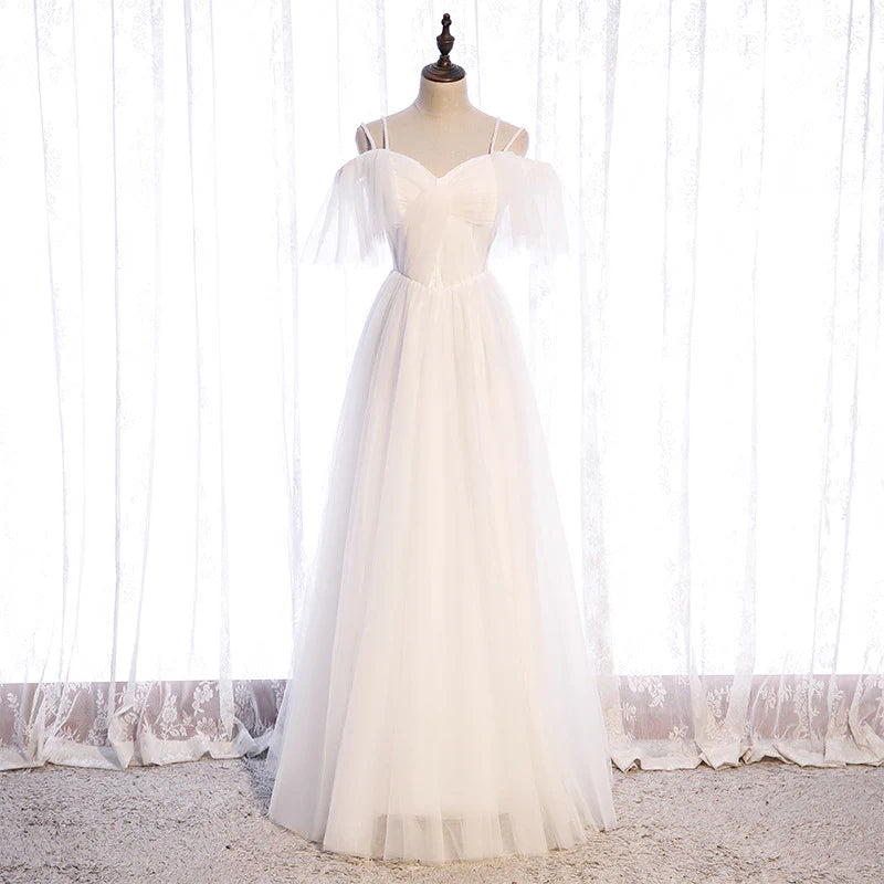 White Tulle Long Prom Dress A Line Simple Wedding Dress