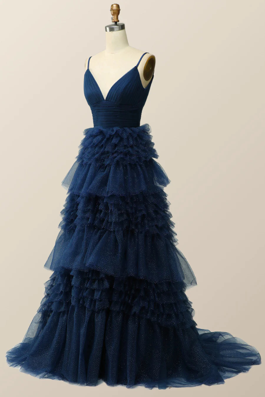 Navy Blue Tiered Ruffle Long Prom Dresses Ball Gown with Straps