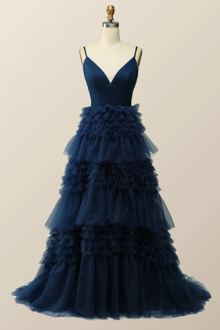 Navy Blue Tiered Ruffle Long Prom Dresses Ball Gown with Straps