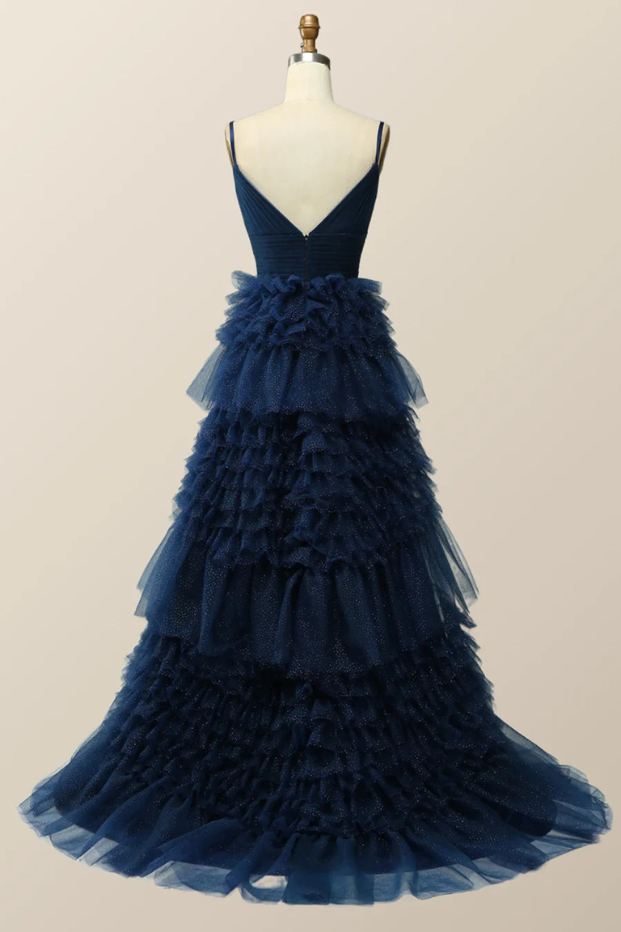 Navy Blue Tiered Ruffle Long Prom Dresses Ball Gown with Straps