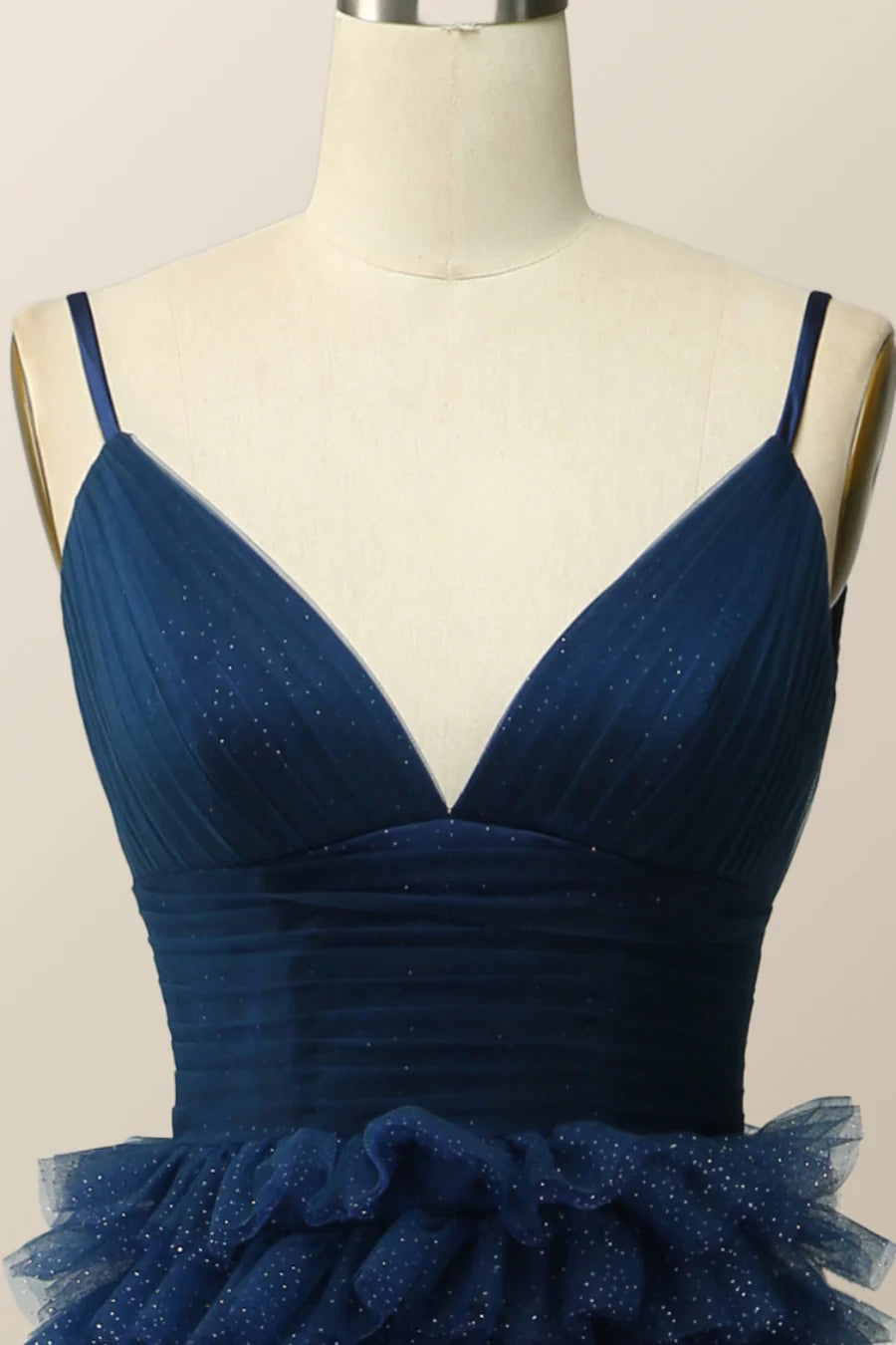 Navy Blue Tiered Ruffle Long Prom Dresses Ball Gown with Straps