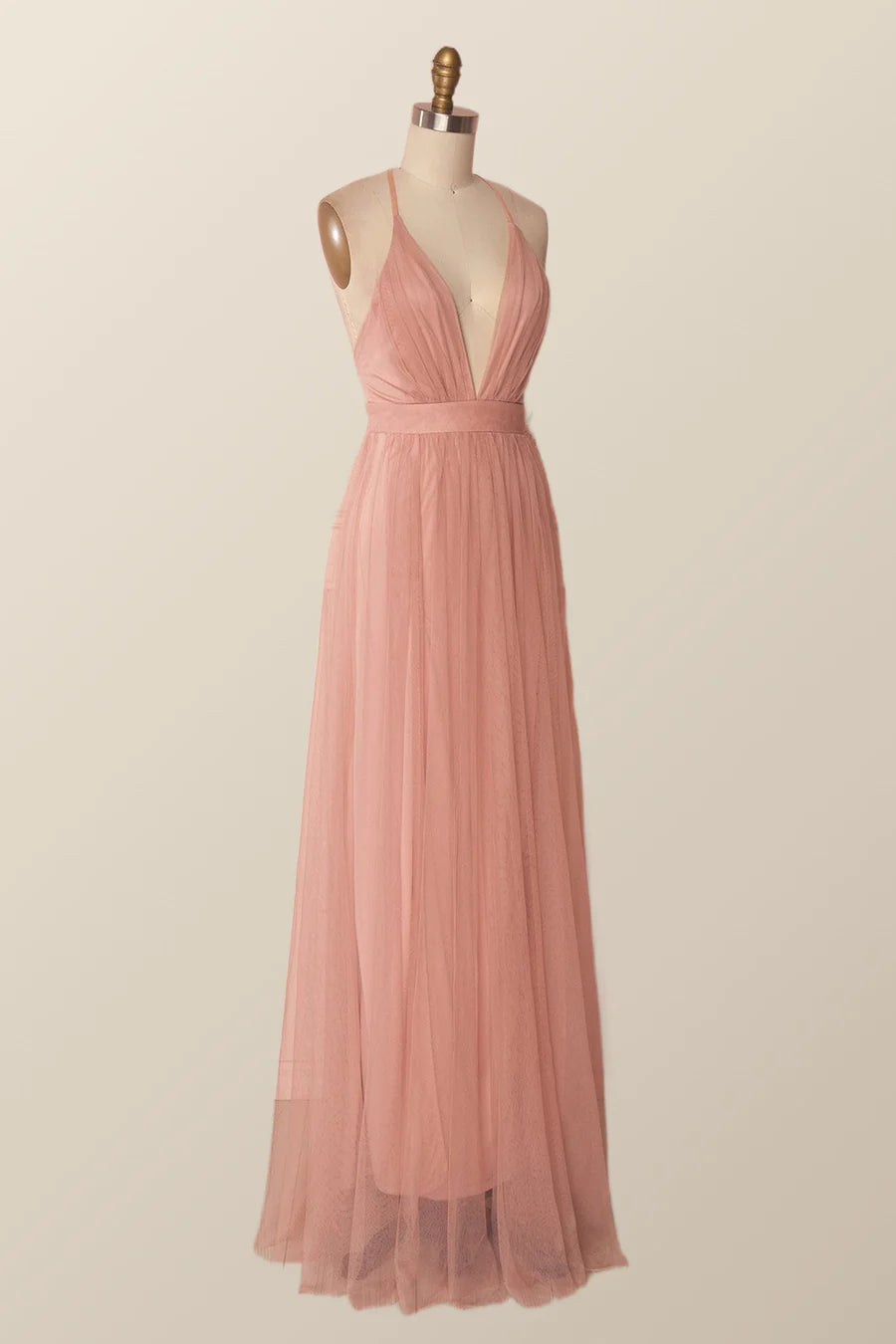 Plunge Pink Tulle A-line Long Formal Prom Dresss