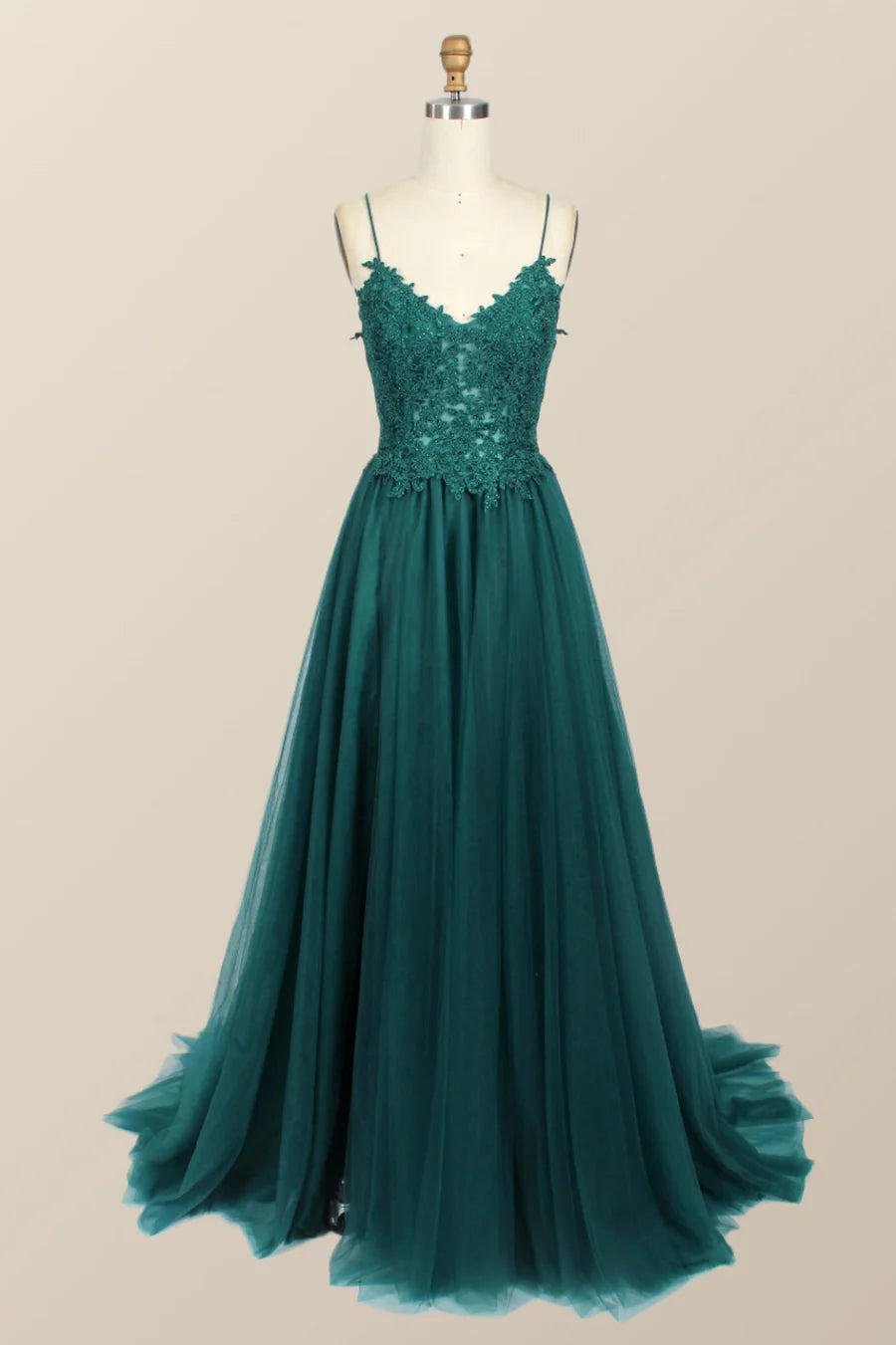 Straps Green Appliques Tulle Long Prom Dress