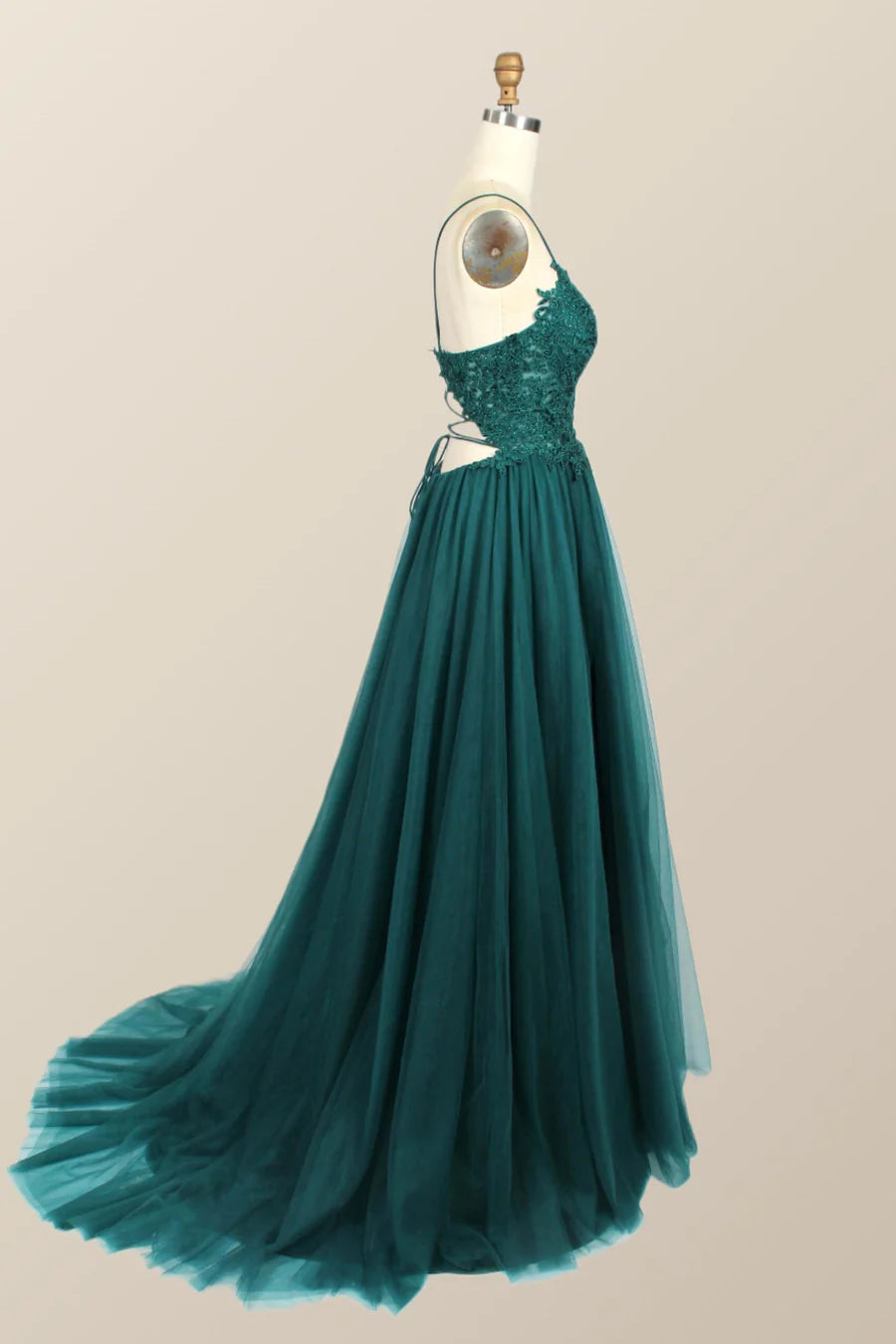 Straps Green Appliques Tulle Long Prom Dress