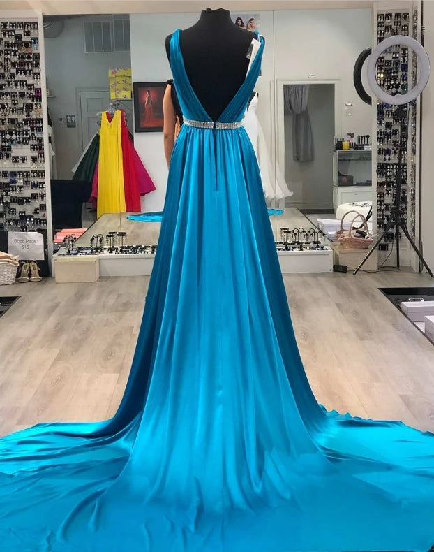 Plunge V Belted Open Back Long Prom Dress with Slit