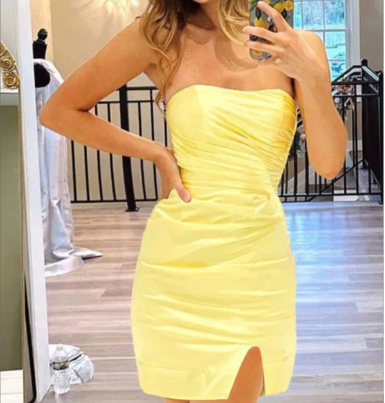 Yellow Strapless Slit Homecoming Dress