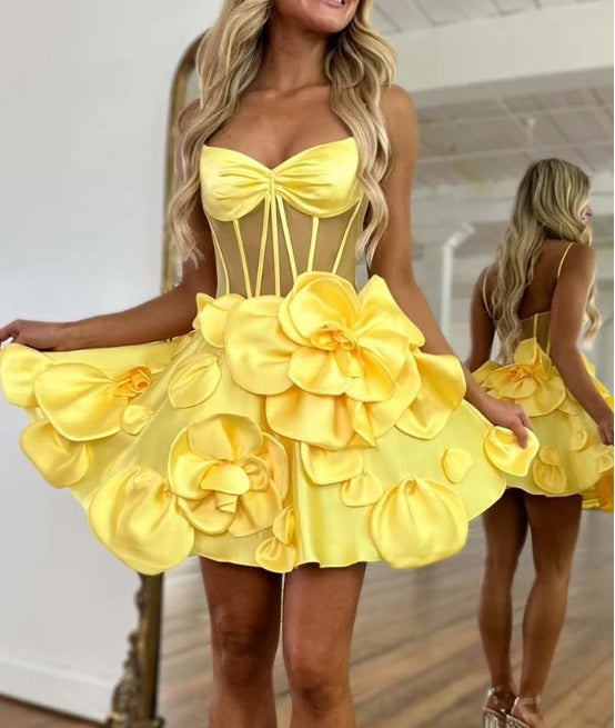 A-Line Sheer Corset Bodice Flowers Homecoming Dress