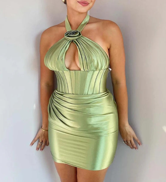 Halter Sage Green Homecoming Dress with