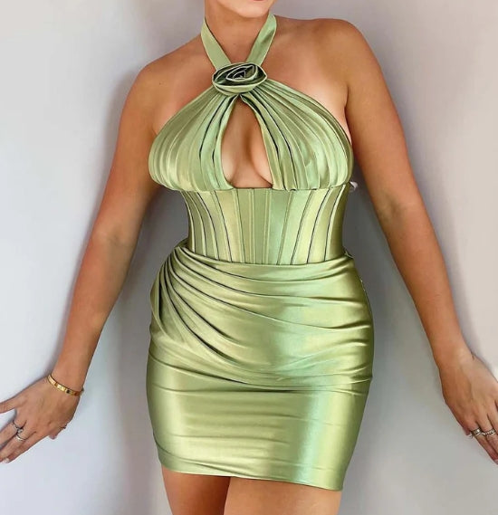 Halter Sage Green Homecoming Dress with
