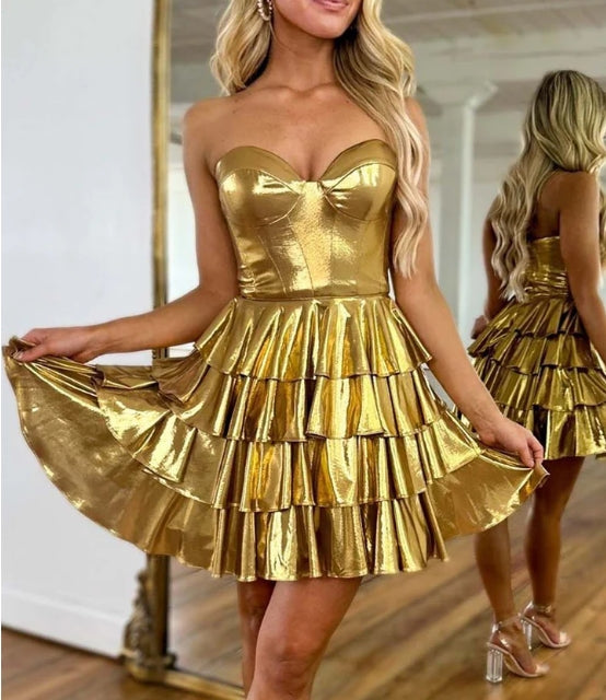Metallic Ruffle Cute Homecoming Dress