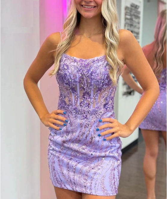 Lilac Sheer Corset Bodice Homecoming Dress with