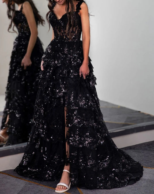 Ruffle Tiered Prom Dress with Sequin