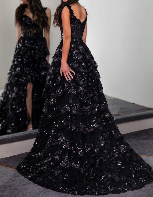 Ruffle Tiered Prom Dress with Sequin
