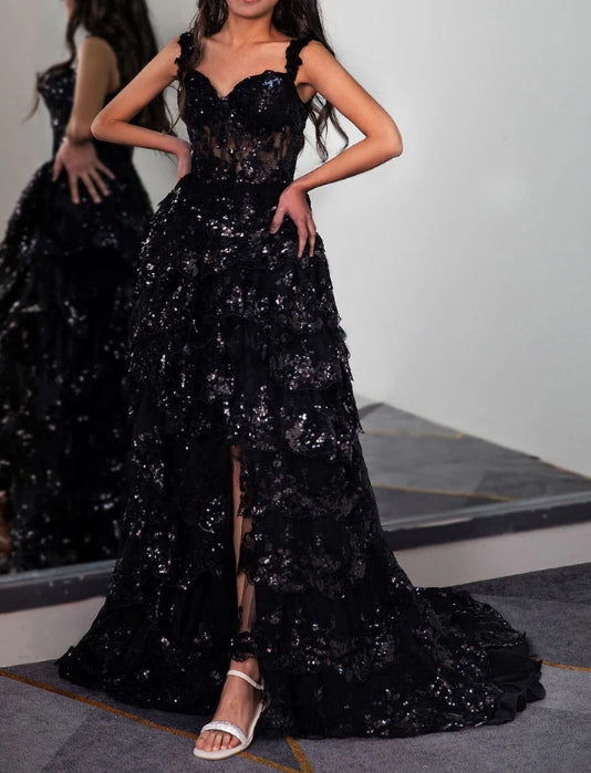 Ruffle Tiered Prom Dress with Sequin