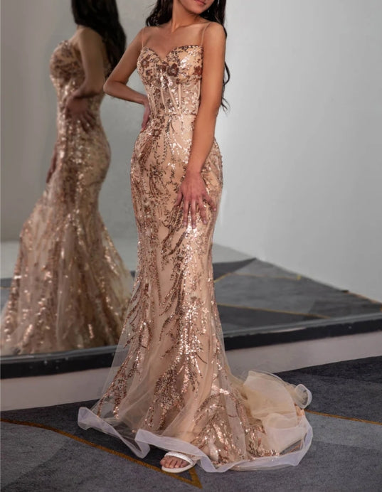 Champagne Prom Dress with Sheer Corset Bodice