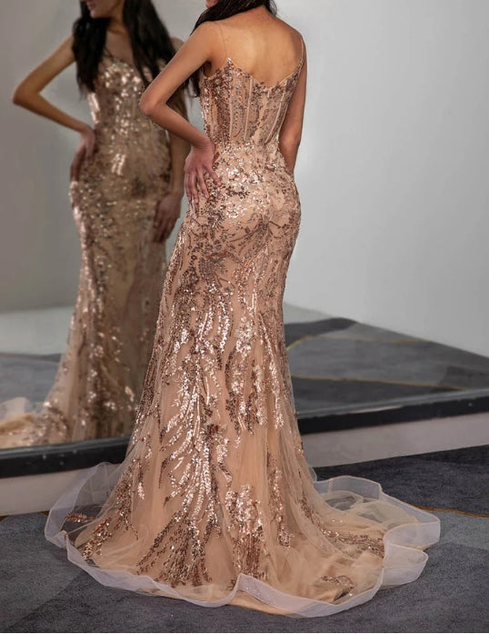 Champagne Prom Dress with Sheer Corset Bodice