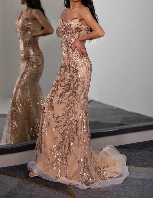 Champagne Prom Dress with Sheer Corset Bodice