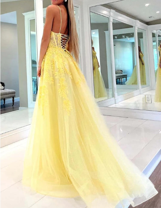 A-Line Yellow Corset Prom Dress